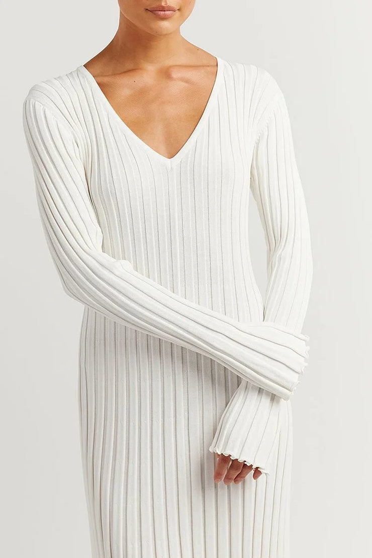 V-Neck Sleeved Knit Midi Dress