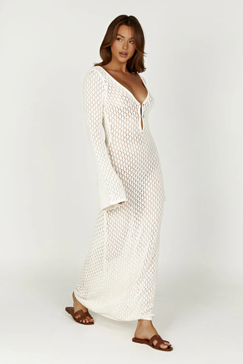 Crochet Fishtail Flare Sleeve Maxi Dress