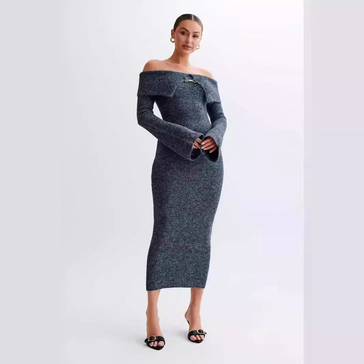 Off Shoulder Fluffy Knit Midi Dress - Taupe Marle