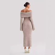 Off Shoulder Fluffy Knit Midi Dress - Taupe Marle