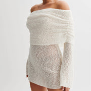 Off Shoulder Boucle Mini Dress - Ivory