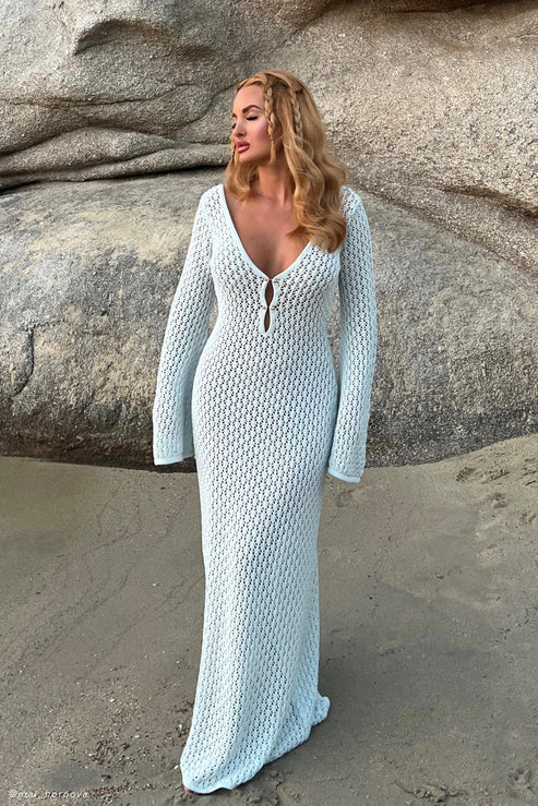 Crochet Fishtail Flare Sleeve Maxi Dress