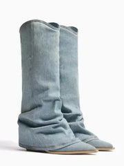 Women’s Pleated Denim Knee-High Boots