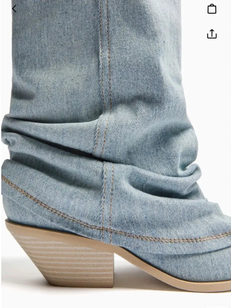 Women’s Pleated Denim Knee-High Boots