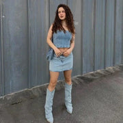 Women’s Pleated Denim Knee-High Boots