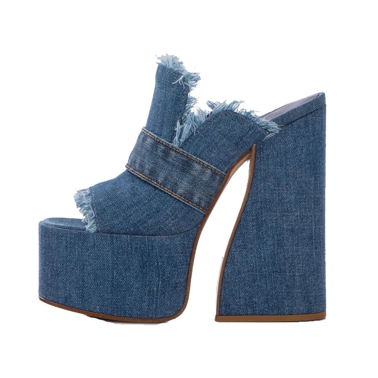 Denim High Heel Slippers