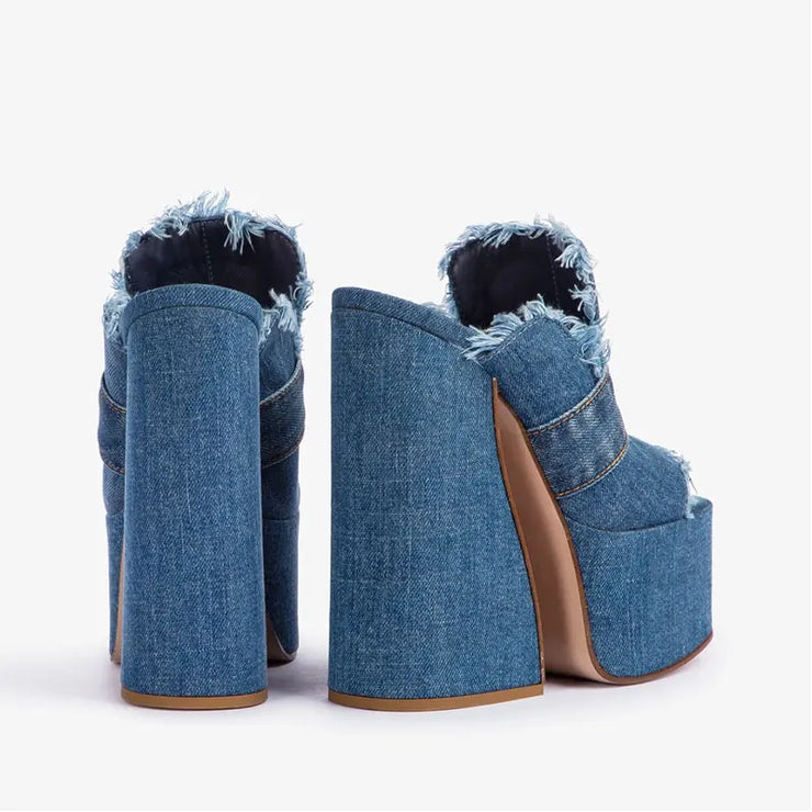 Denim High Heel Slippers