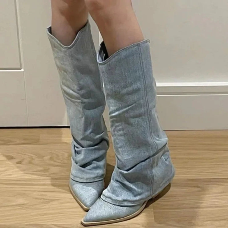 Women’s Pleated Denim Knee-High Boots