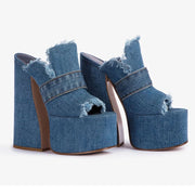 Denim High Heel Slippers