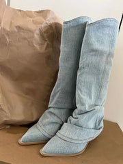 Women’s Pleated Denim Knee-High Boots