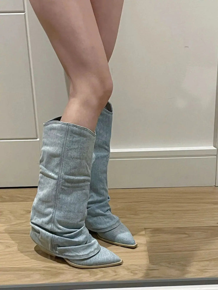 Women’s Pleated Denim Knee-High Boots