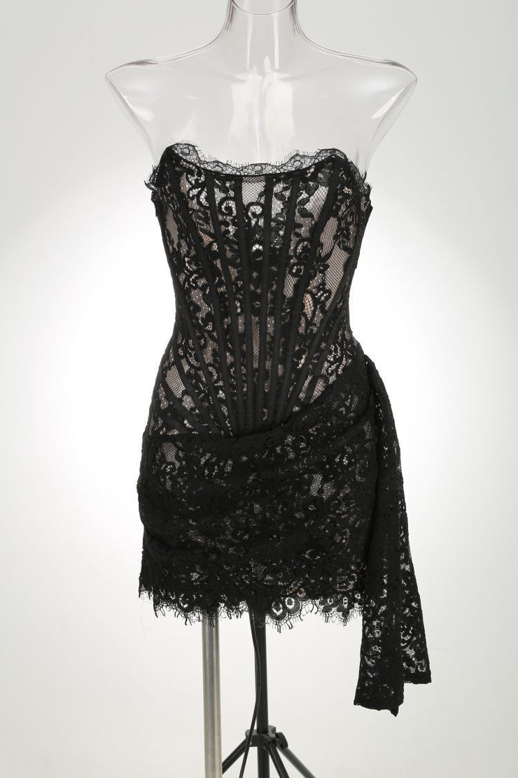 Black lace corset draped mini dress