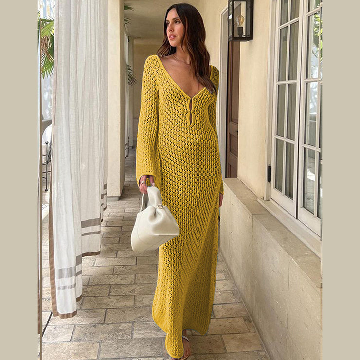 Crochet Fishtail Flare Sleeve Maxi Dress